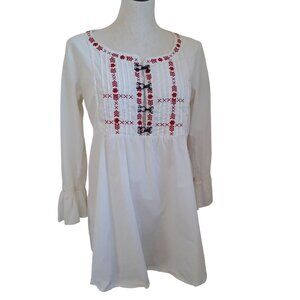 Odd Molly Top Embroidered Yoke White Cotton Long Sleeve Hook Closure Womens Med